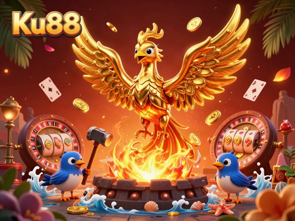 Experience the excitement of Ku88 with a vibrant casino scene showcasing a golden phoenix and gaming elements.