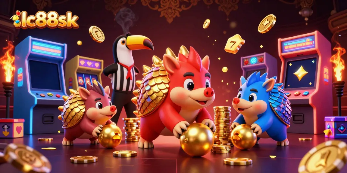 Experience thrilling gameplay with lc88sk as rival pangolins knock over golden balls among poker chips.
